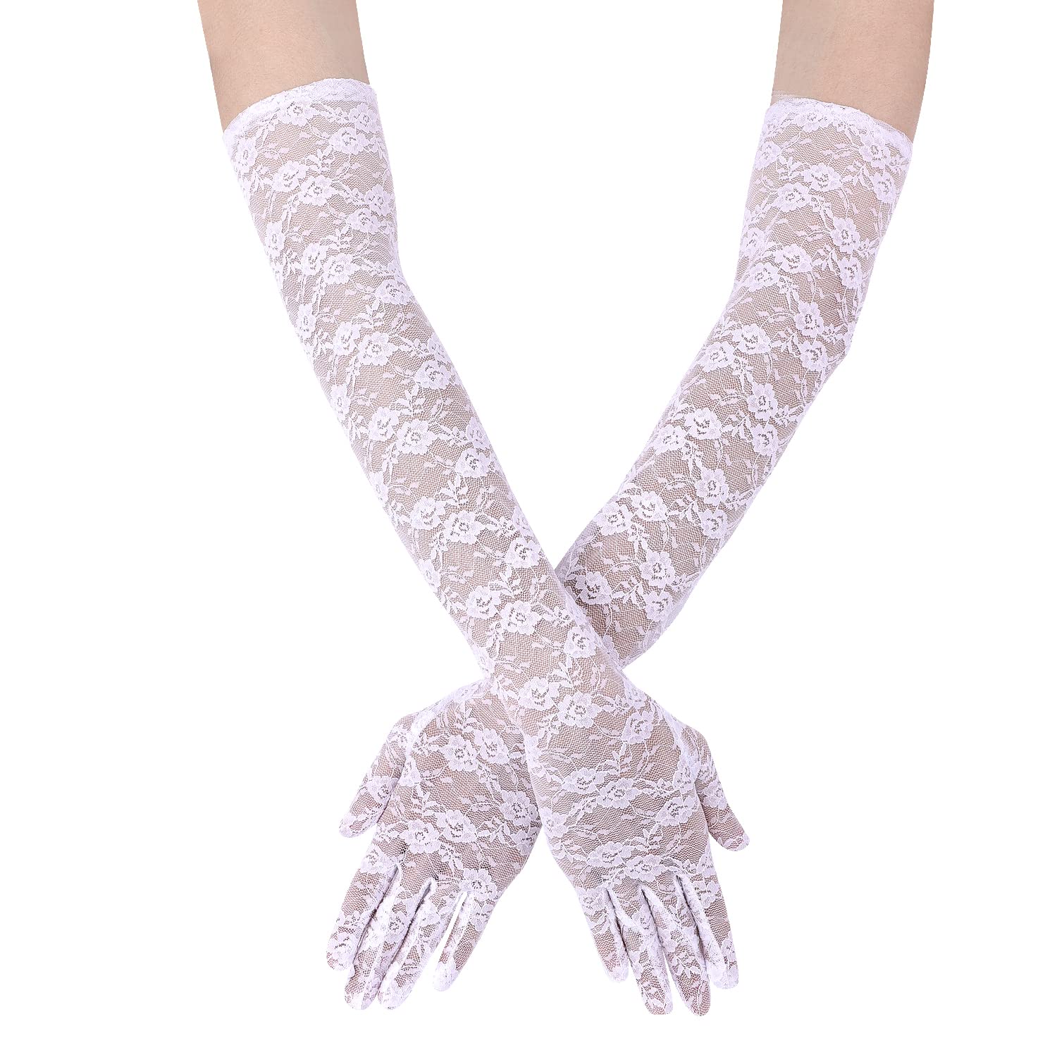 KINBOM Long Lace Gloves, Bridal Gloves for Wedding Small Flower Pattern Floral Lace Gloves for Women Tea Party 1920s Costumes Prom Masquerade, One Pair, Length 21.3inch (White)
