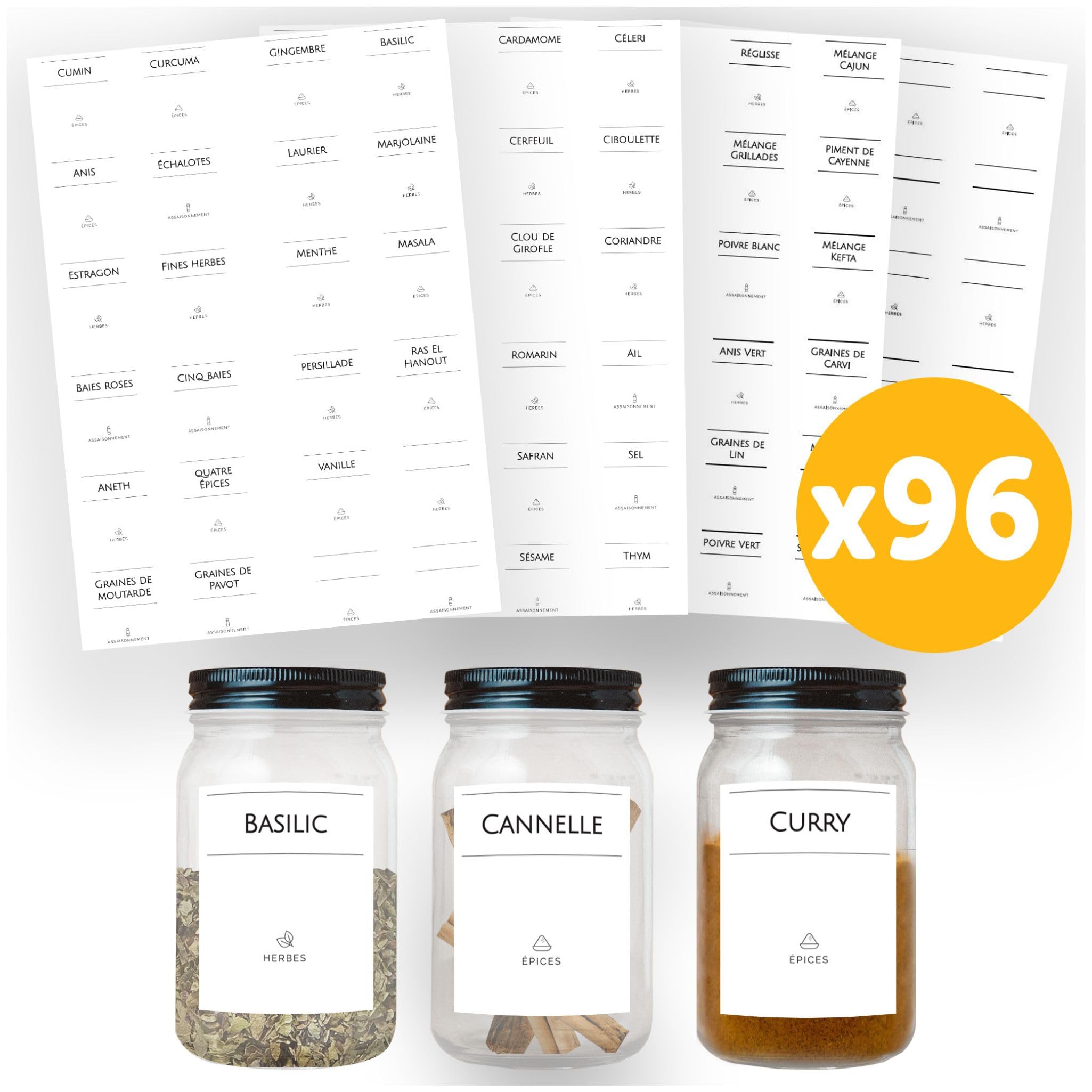 AVERY - Pack of 96 Minimalist Labels for Spice Jars - Ready to Use - Rectangular Size 3.8cm x 4.5cm