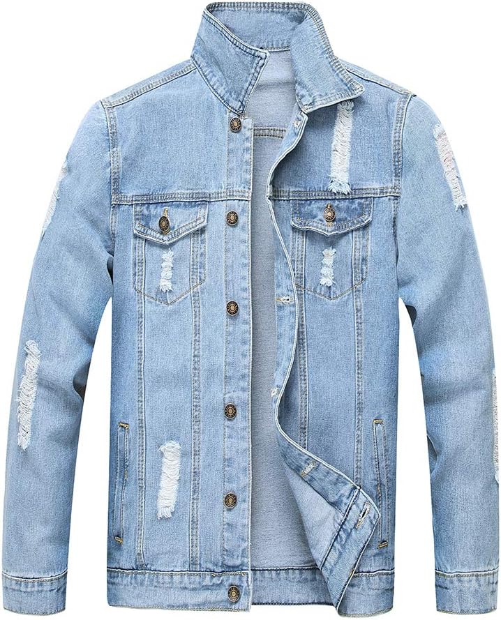 LZLER Jean Jacket for Men, Classic Ripped Slim Denim Jacket with Holes