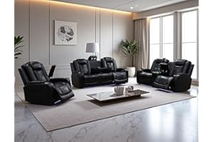 Anthato Power Recliner Sofa Set, Living Room Furniture Sets, Leather Reclining Sofa Set, 3PCS Recliner Couch Loveseat and Chair with Storage/Cup Holders/Charging Port for Home Theater/Office, Black