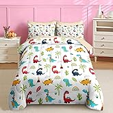 Nesker 7 Pcs Comforter Set Full Size, Cute Cartoon Dinosaur Bedding for Kids Teen, Colorful Dino with Fitted Sheet 2 Pillowcases & 2 Shams for Bedroom Bed Decor