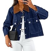Cicy Bell Womens Cropped Denim Jacket Trendy Corduroy Collar Button Down Casual Barn Jacket for Women