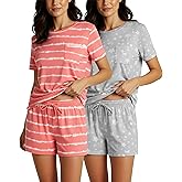 Real Essentials 2 Pack: Women’s Short Sleeve Pajama Short Set - Comfy Lightweight Soft Lounge Sleepwear (Plus