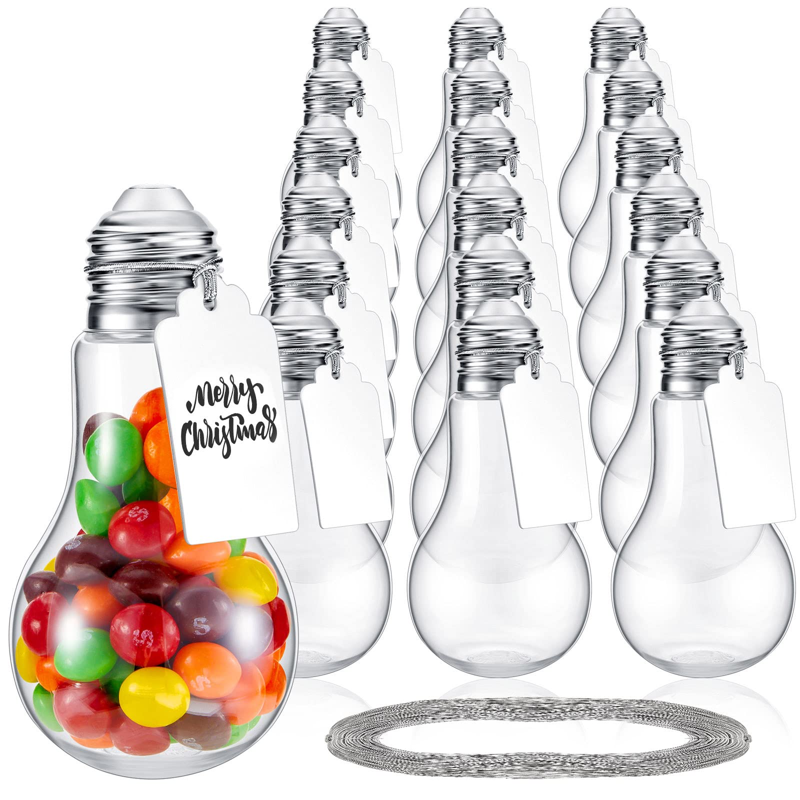 Photo 1 of 48 Pieces 100 ML Plastic Light Bulb Jars with Card and String, Light Bulb Candy Containers Clear Candy Jars Fillable Lightbulb Ornaments for Christmas Crafts Party Favors(Silver)