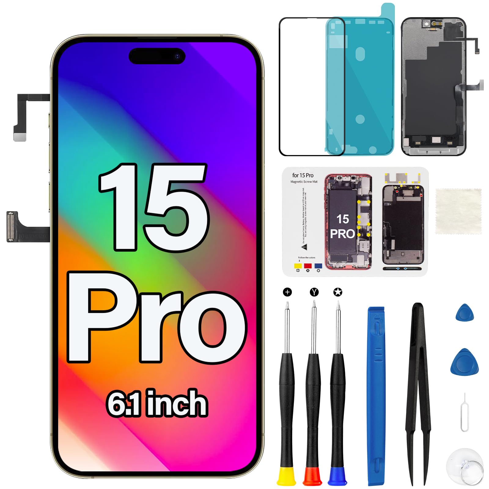 Photo 1 of for iPhone 15 Pro Screen Replacement with Earpiece Flex Cable Proximity Sensor 3D Touch LCD Front Screen Display Frame Digitizer Full Assembly Repair Tool Kit A3102 A2848 A3101 A3104 6.1 inch