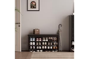 KASLANDI Shoe Bench with Leather Cushion, 3 Tiers Shoe Storage Bench Height Adjustable, Walnut Wood Entryway Bench for Hallway, Mudroom