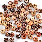 Focenat 200 Pcs 10mm Printed Wooden Beads with 5mm Hole, Natural Round Wood Ball Colorful Craft Beads Barrel Wooden Bead Vari