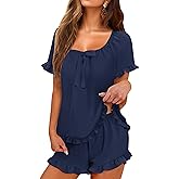 KFUBUO Womens Pajamas Set 2 Piece Ruffle Pj Soft Short Sleeve Tops and Shorts Sleepwear Set Cute Pajama Sets for Women