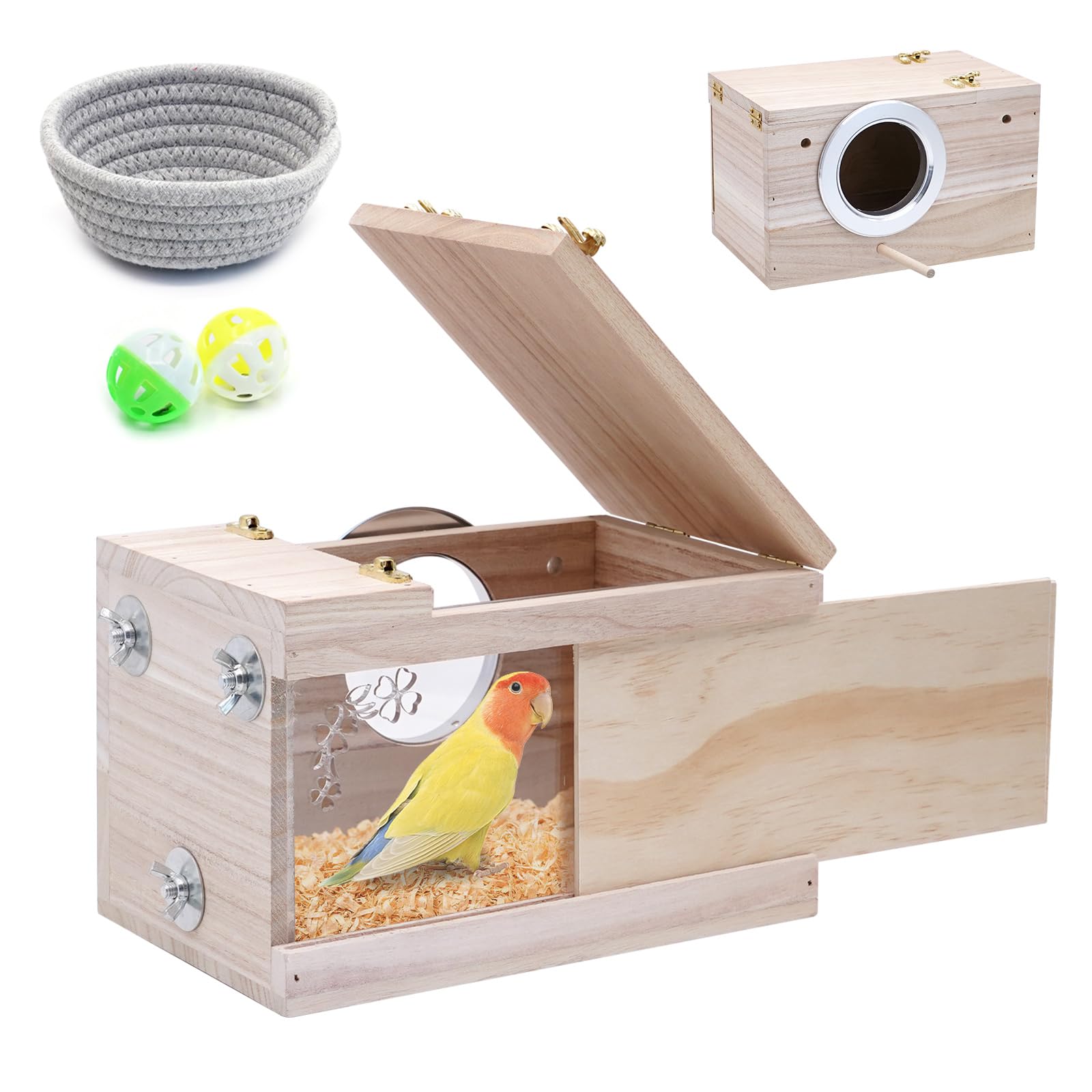 BREUAILY Parakeet Nesting Box with Transparent Budgie Breeding Box, Perch, Wood, Viewing Window - Lovebirds, Cockatiel, Budgie Birds