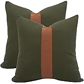 Vfuty Pack of 2 Decorative Boho Throw Pillow Covers 18x18 Inch Olive Green Pillowcases Faux Leather and Cotton Patchwork Pillow Cover Modern Farmhouse Home Decor for Spring Sofa Living Room Couch Bed
