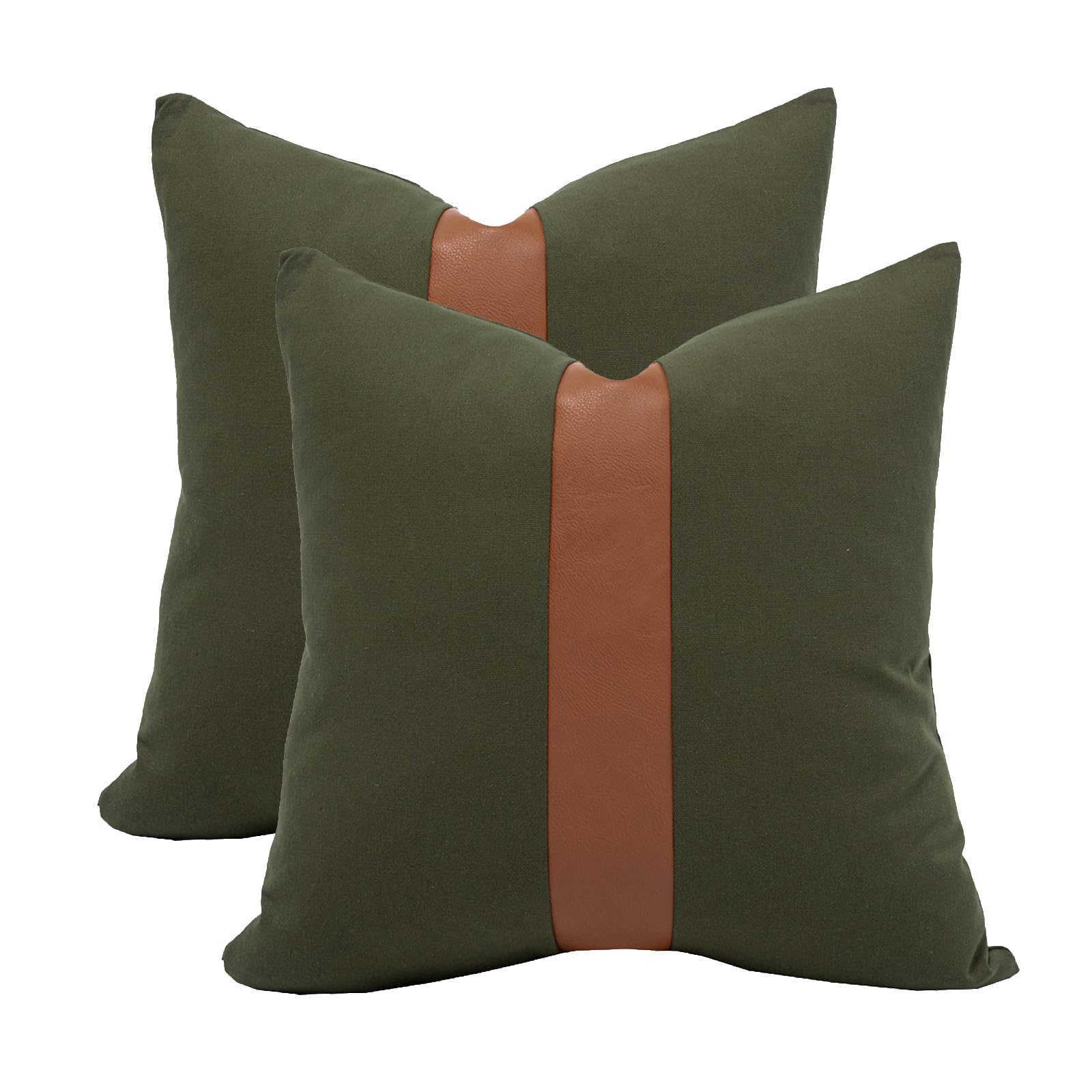 Photo 1 of Vfuty Pack of 2 Decorative Boho Throw Pillow Covers 18x18 Inch Olive Green Pillowcases Faux Leather and Cotton Patchwork Pillow Cover Modern Farmhouse Home Decor for Spring Sofa Living Room Couch Bed