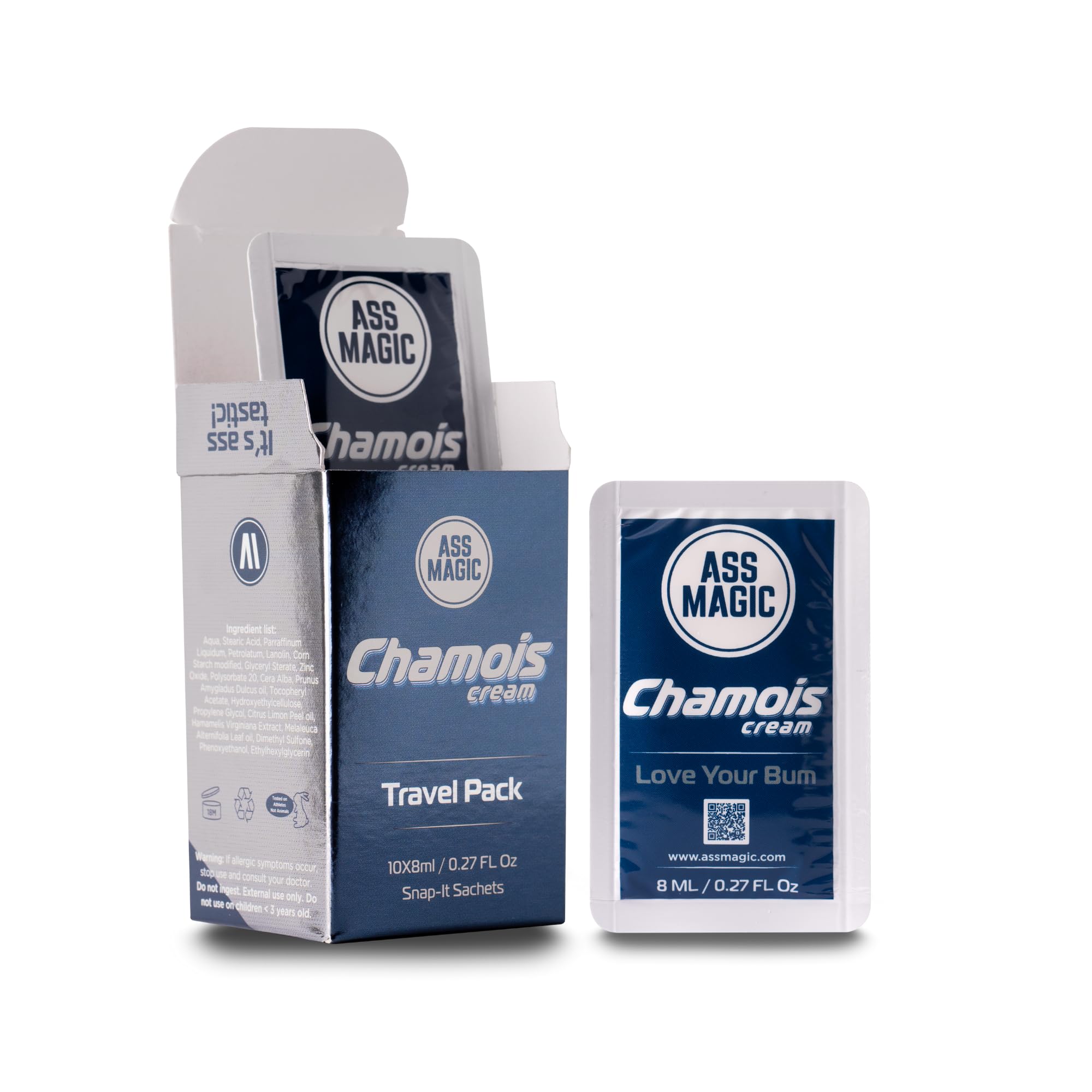 ASS MAGIC Chamois Cream Travel Pack | 10 x 8 ml (0.27 fl oz) Snap Sachets | Anti-Chafing Cream for Cyclists | Helps Prevent Saddle Sores | Airline-Friendly Travel Essential