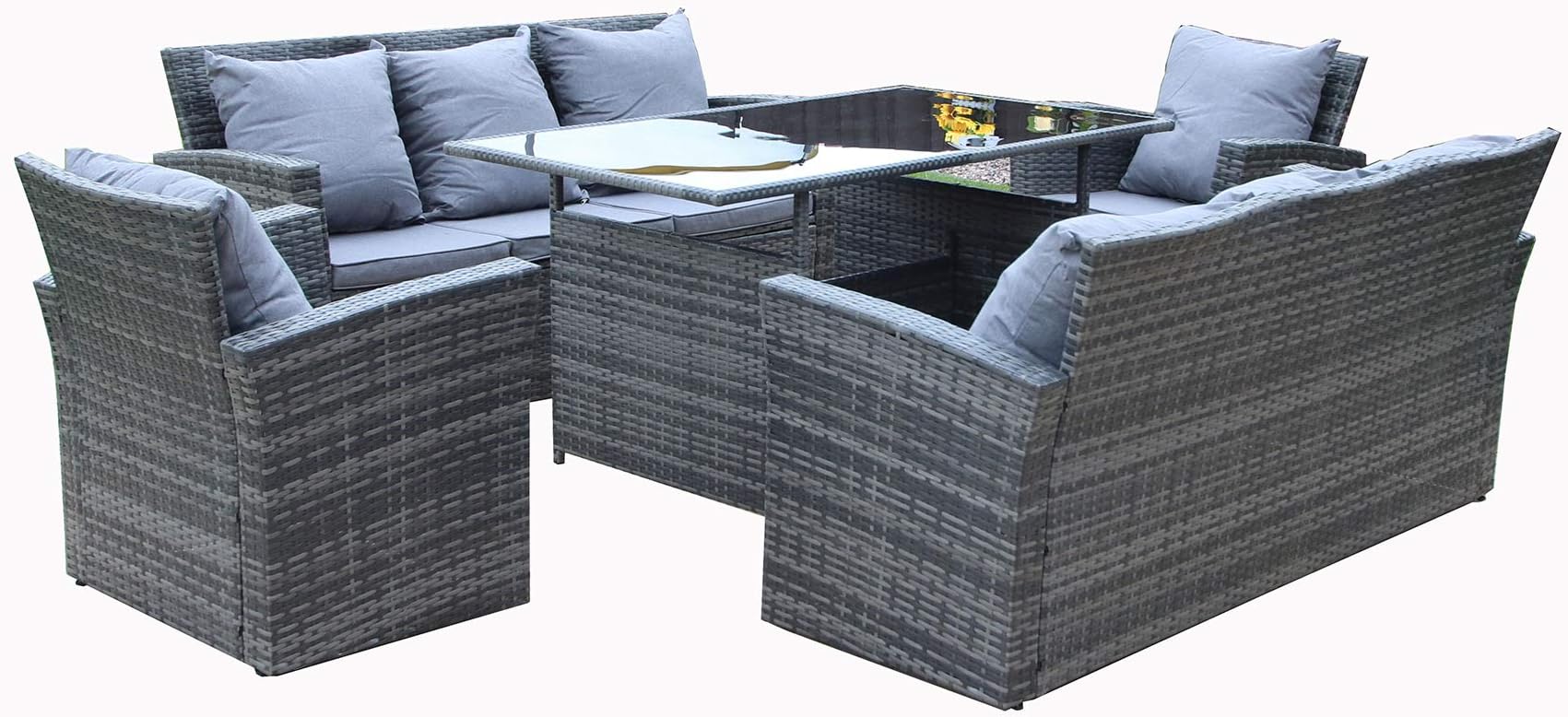 YAKOE Grey Rosen 8 Seater Rattan Dining Table Sofa Set Outdoor Garden Furniture