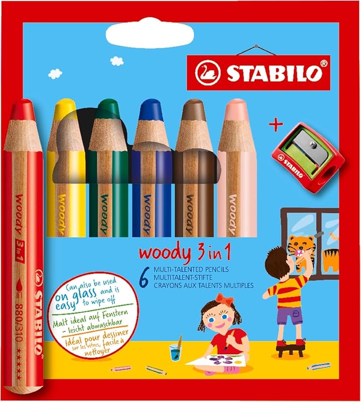 - Crayon de couleur - woody 3en1 - Etui carton x 6 crayons de couleur enfant - taille-crayon inclus - coloris assortis