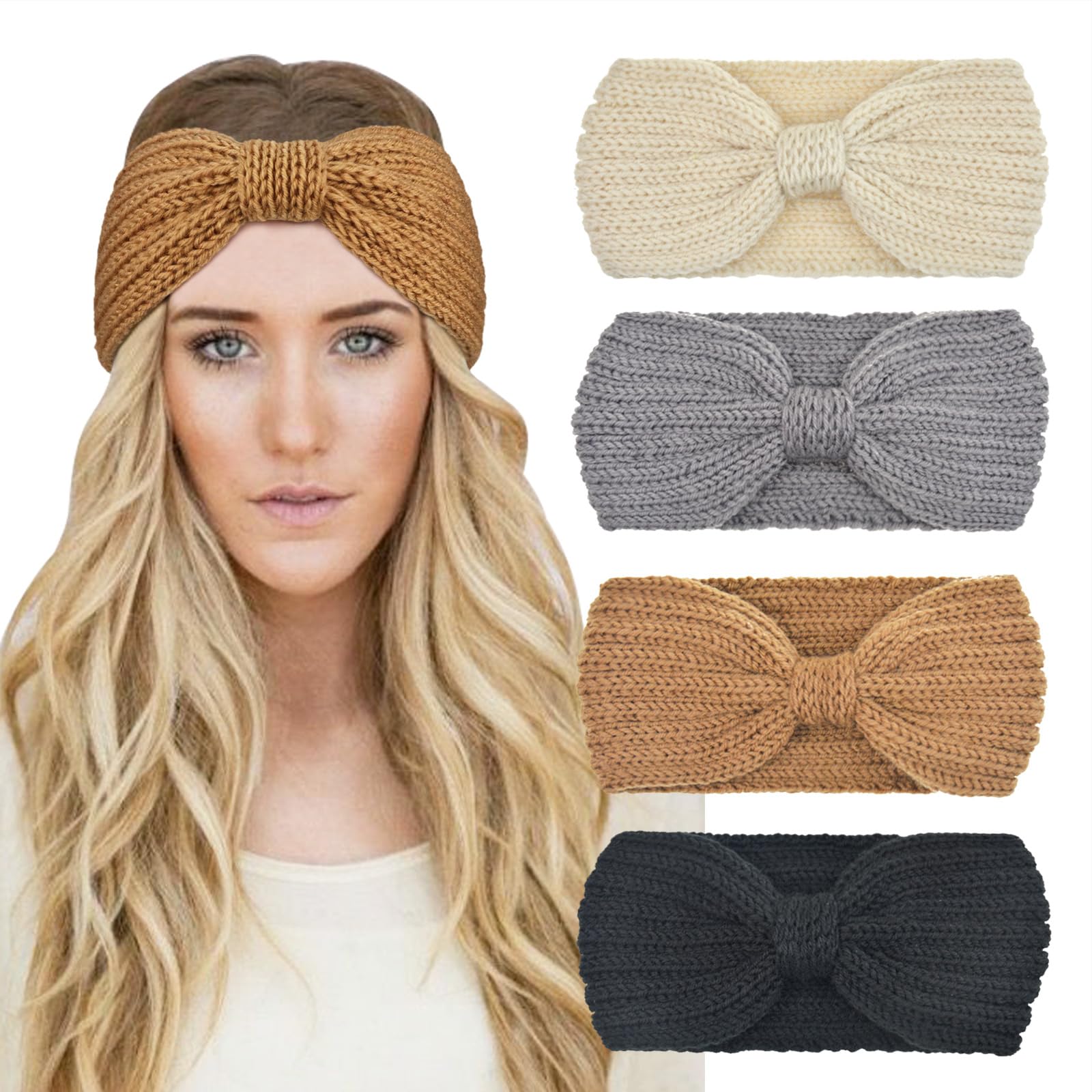 DRESHOW 4 Pack Womens Winter Ear Warmer Headband - Crochet Knit Turban Headband Chunky Cable Knit Headwrap