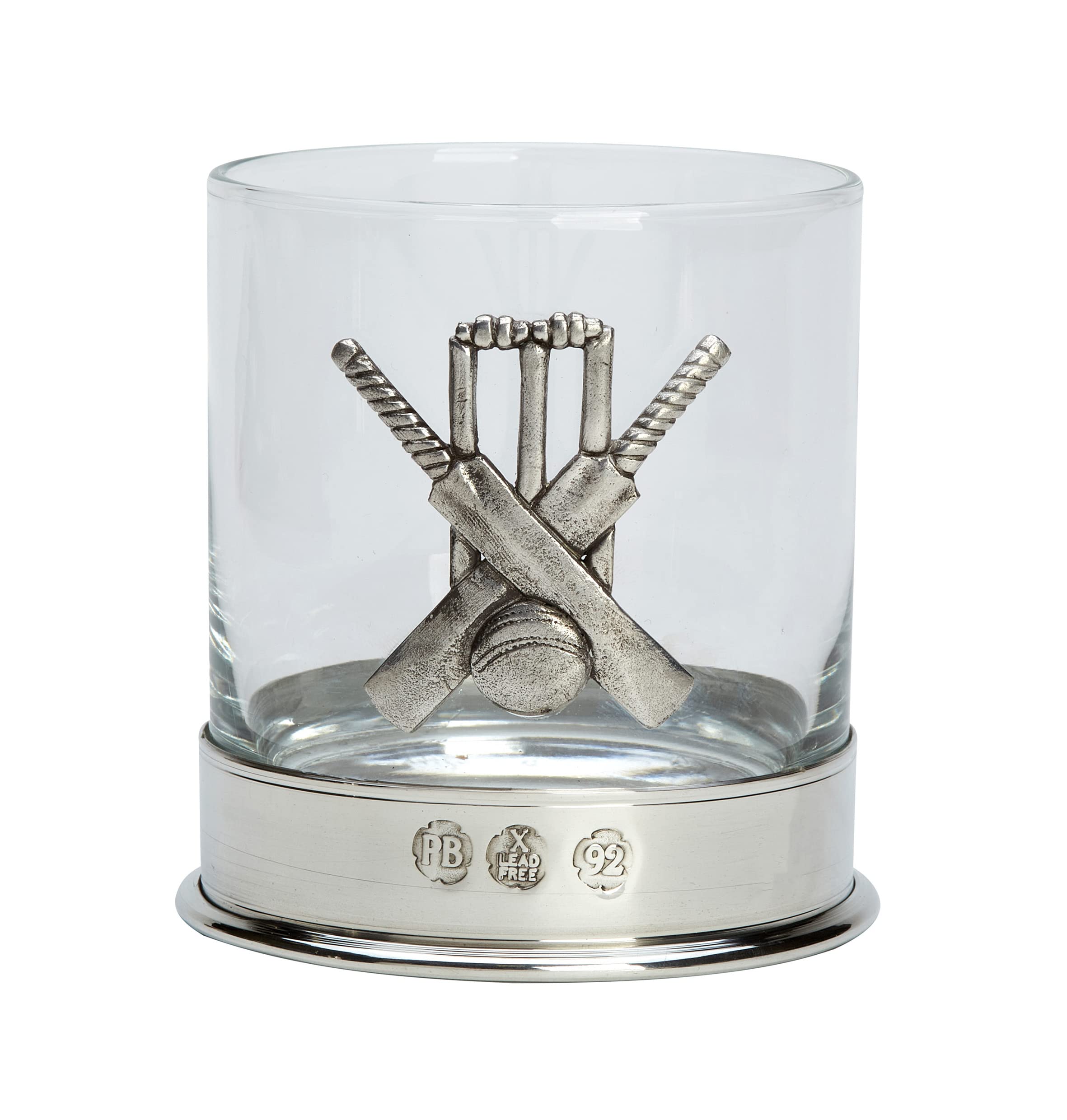 Farm Cottage Brands Lead Free pewterware Mounted 12oz Whisky Glass Tumbler with a Cricket Set Emblem of Bats. Ball and wickets in a Presentation Box of 1 or 2 Glasses (1)