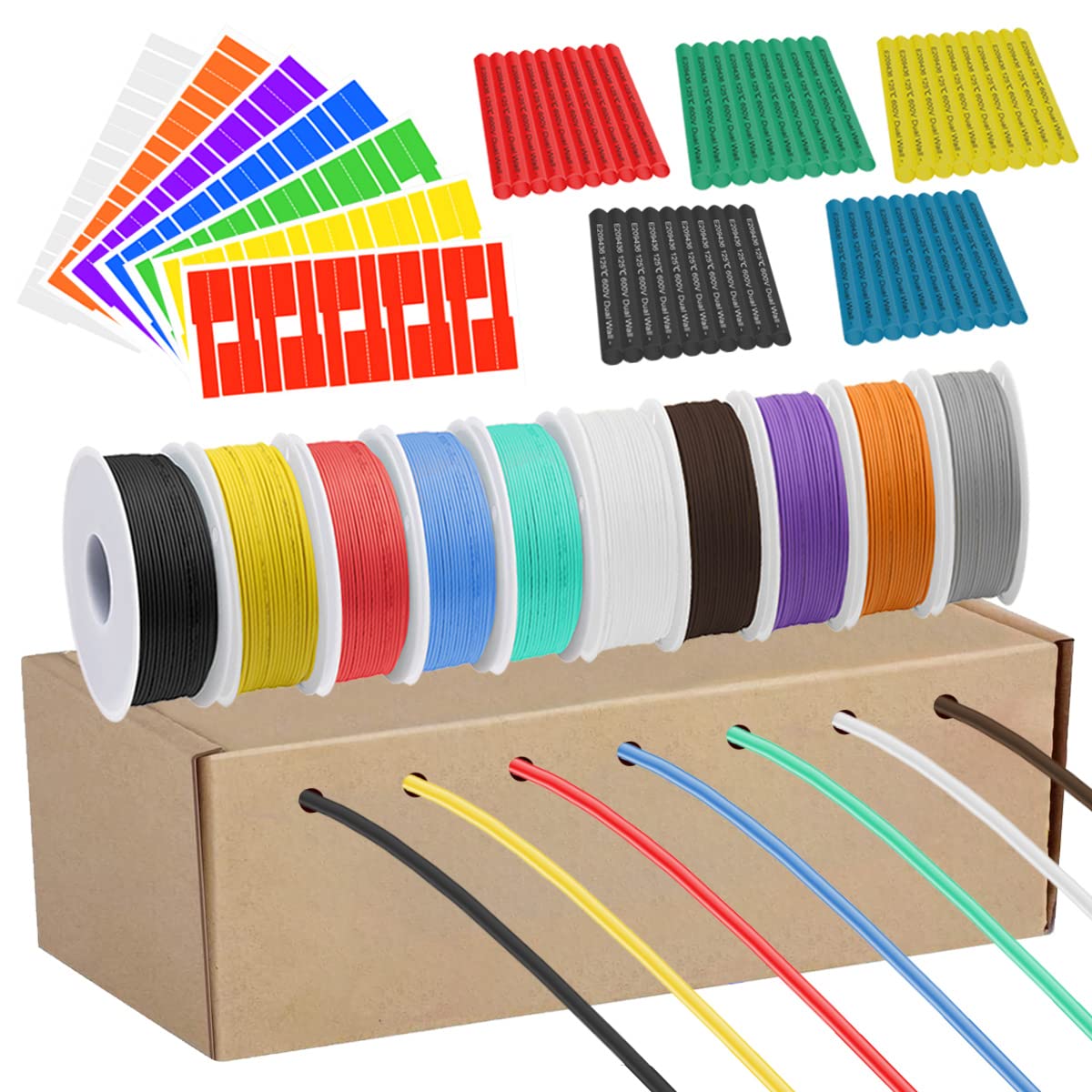 DAOKAI 22 Gauge Silicone Wire 600V 22 AWG Stranded Tinned Coated Copper Wires 10 Color (Black, Red, Yellow, Green, Blue, White, Brown, Orange, Purple, Grey) 7m/23ft Each Hook Up Wire Kit — image 1