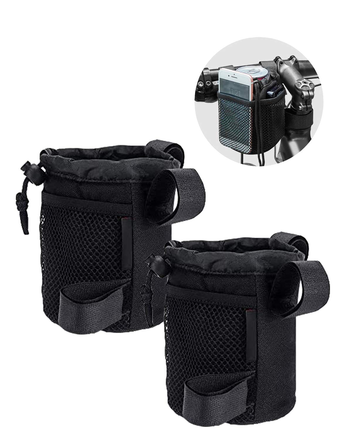 ISSYAUTO Wheelchair Drink Cup Holder Three Strap Adjustable Stroller Bottle Holder for Rollator Rolling Walker Transport Chairs Stroller Bike Universal Water Black 2 Pack