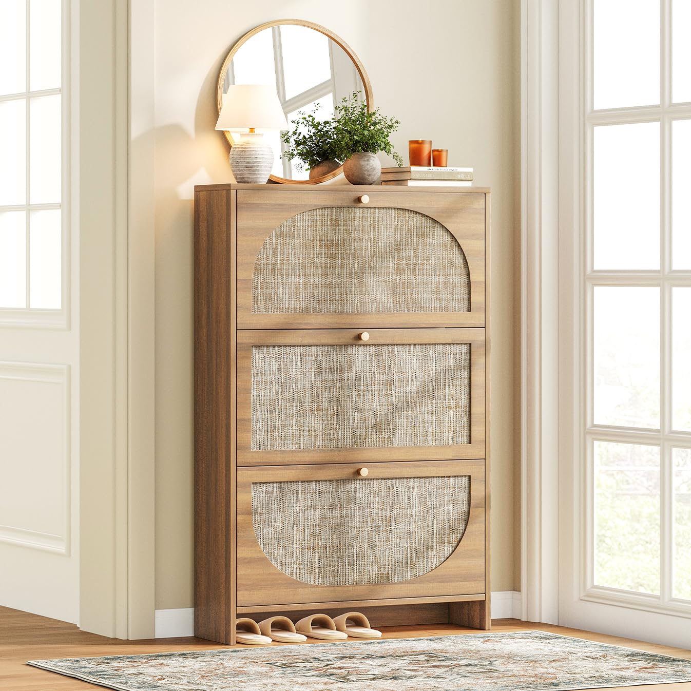 Photo 1 of Nicetree Freestanding Ultra Slim Arched Rattan Accent Shoe Storage Cabinet for Entryway - 3 Flip Drawers & 3-Tier Adjustable Shelves, Farmhouse Modern Rustic Shoe Rack for Hallway Foyer,Oak