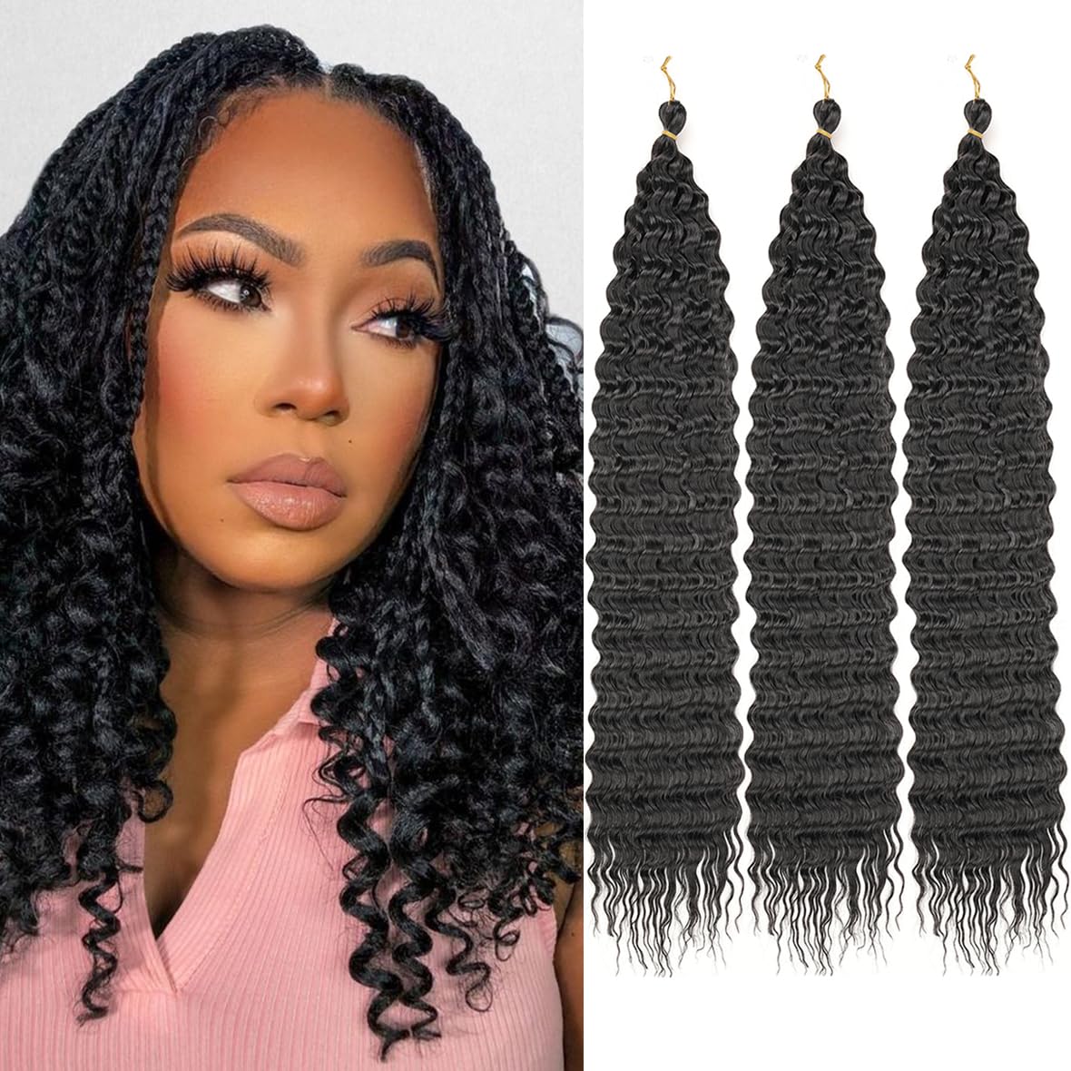 Kachanaa 14 Inch Ocean Wave Crochet Hair Pre-Separate Black Crochet Braiding Hair for Boho Box Braids 3 Pack Synthetic Deep Wave Braiding Hair Extensions for Goddess Braids /1B#
