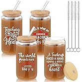 4 Pcs 16 oz Valentine Tumbler Gifts for Women Teacher Appreciation Gifts Thank You Coffee Cup Tumbler Drinking Glass Beer Cups with Bamboo Lids Glass Straw Cleaning Brush for Employee(Inspiring)