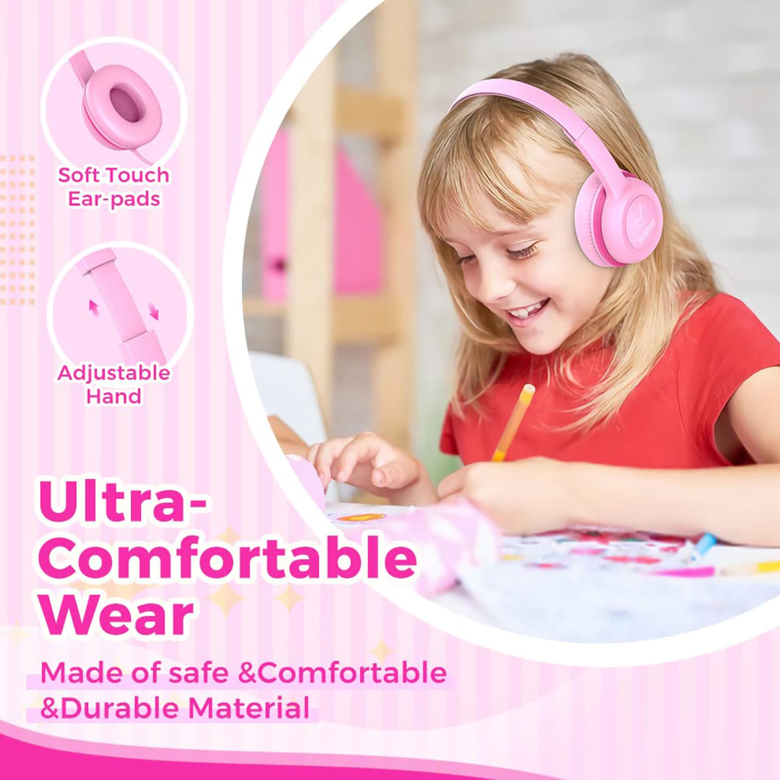 Kids Headphones, Wired Headphones for Kid with Safe Volume Limiter, Kid Headphone with Cord 3.5mm Jack, On-Ear Girls Boys Toddler Headphone for School