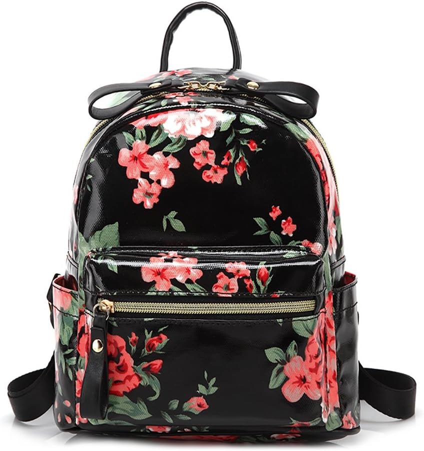 Xingyatu Xingyatu Women Girl Pu Lether Shoulder Backpack Colorful Hand Print Travel Hiking Bag Black-3