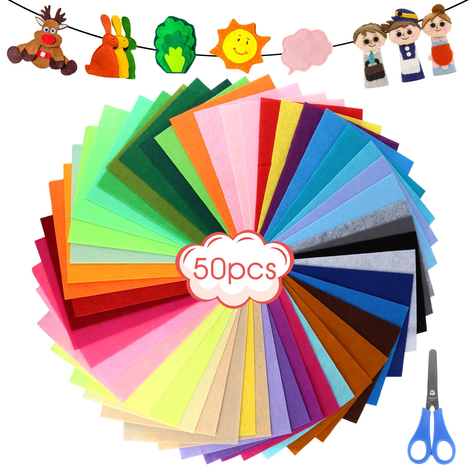 XIEJ Pack of 50 Felt Fabric Craft Felt, 40 Colours Felt Craft Felt Set, Felt Fabric Felt Panels for Craft Activities for Children
