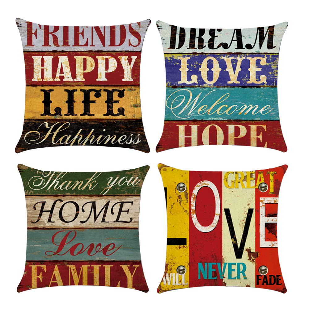 COWORK Set of 4 Love Life Cushion Cover Cotton Linen Throw Pillow Case Decorative Square Sofa Pillowcase for Home Bar Restaurant Decor Favor, 18 x 18 inch / 45 x 45 cm with Invisible Zipper