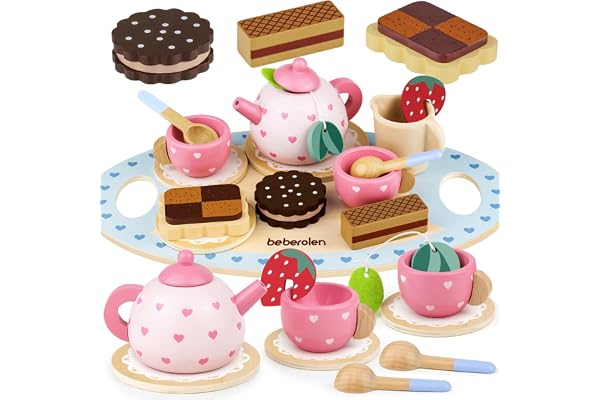 Beberolen Wooden Tea Party Set for Girls 1-3 Pretend Play Toy Toddler Birthday Gift 2-4 Year Old Princess Toys Play Food Sets