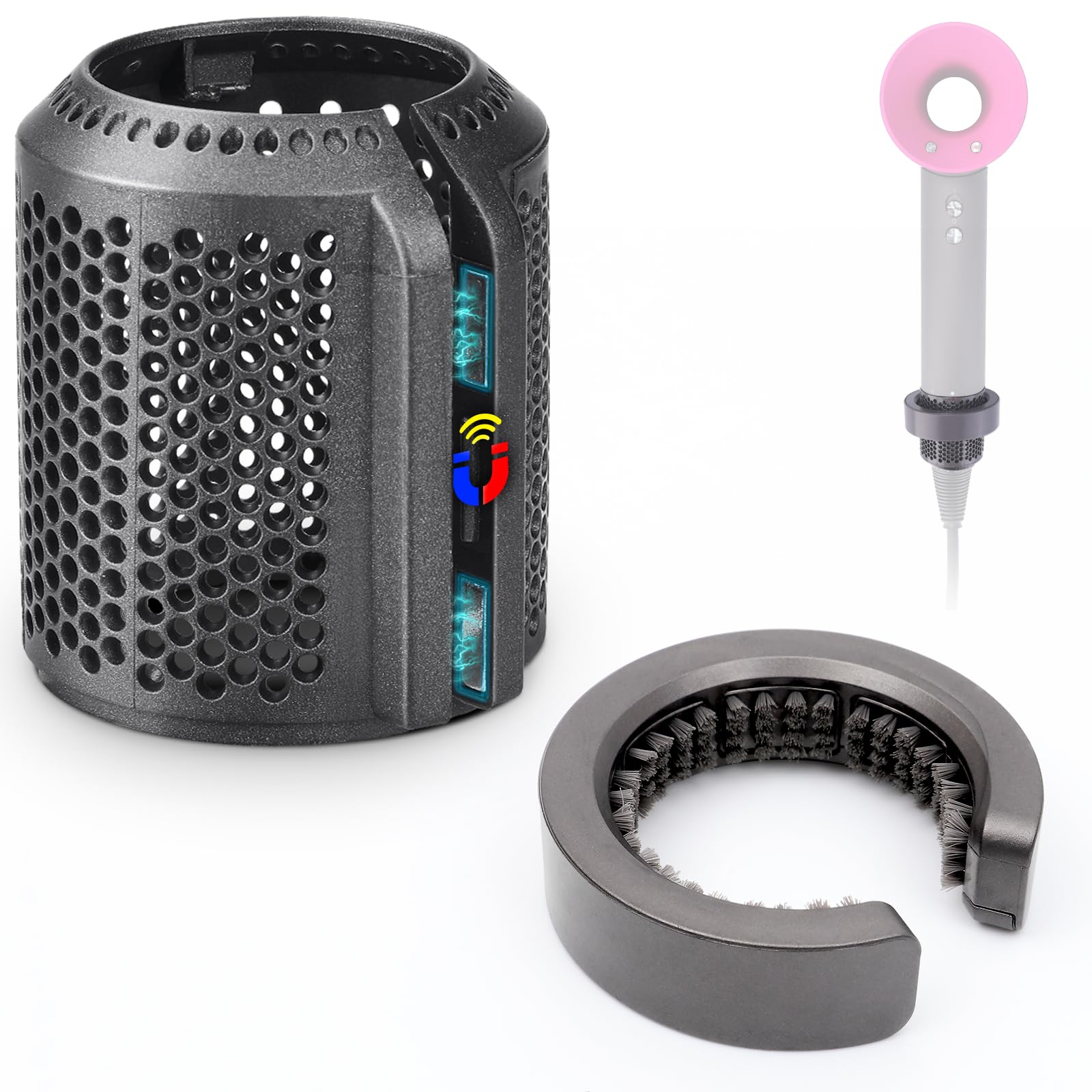 Upgraded Magnetic Hairdryer Filter Cover Compatible with Dyson Supersonic HD01 HD03 HD07 HD08 HD15 Models Hair Dryer Filter Cage with Filter Cleaning Brush Spare Parts (Gray)