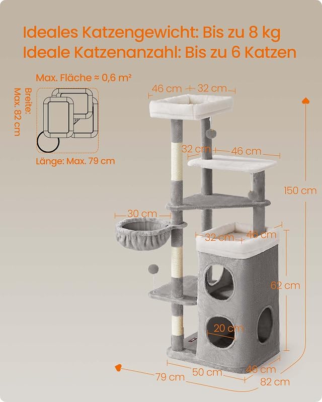 Kratzbaum, 3 große Plattformen, 2 Höhlen und Korb, 150 cm hoch