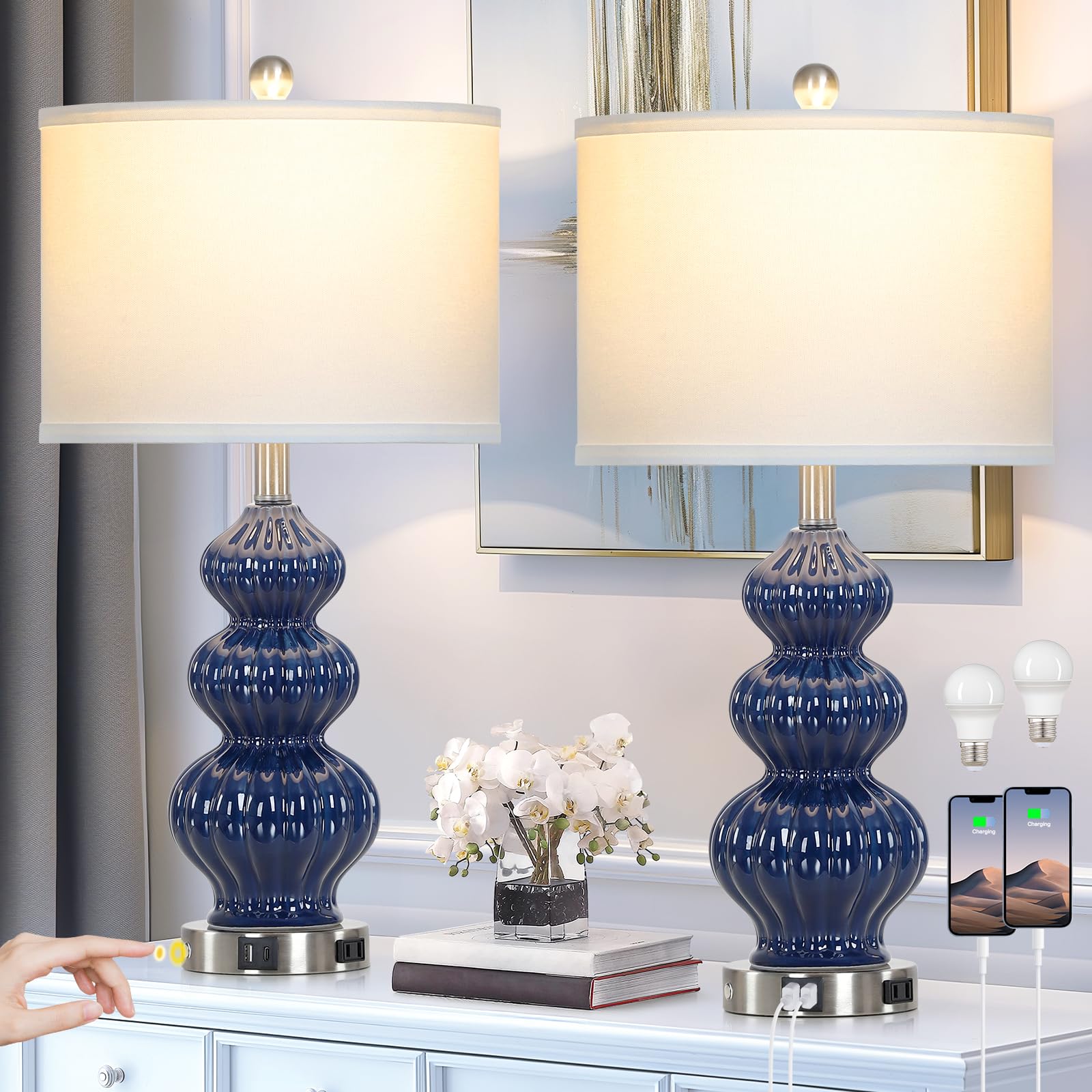 Photo 1 of Rinweey Triple Gourd Ceramic Table Lamps Set of 2, Modern Blue Bedside Lamps with USB A+C Ports & AC Outlet, 3 Way Touch Control Contemporary Nightstand Lamps for Bedroom Living Room