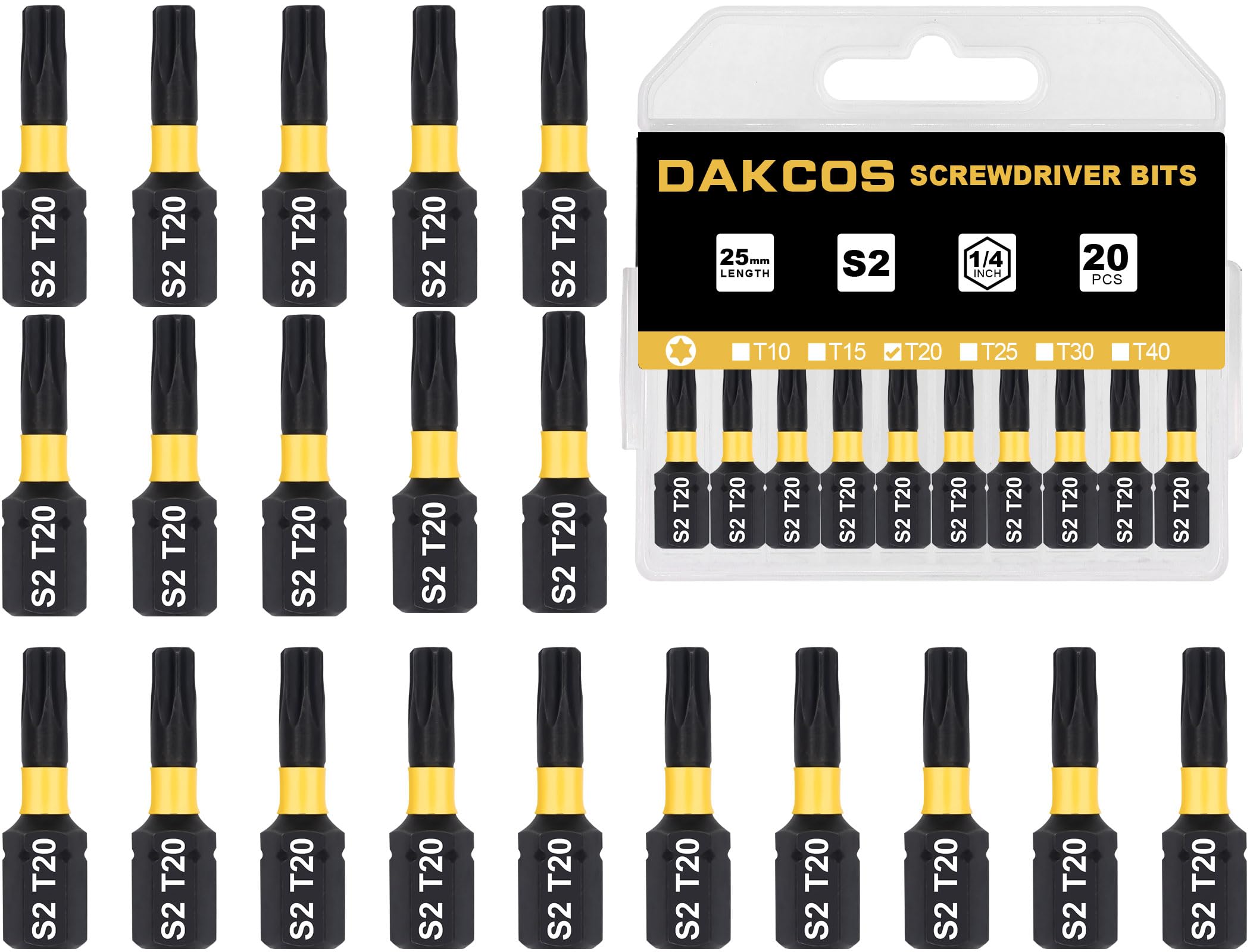 DAKCOS T20 Torx Bit, Impact Driver Bits, 1/4" Screwdriver Bit Sets, 20PCS Premium S2 Alloy Steel Bits, 25mm Long