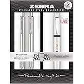 Zebra Pen PM-701 Permanent Marker, F-701 and M-701 Retractable Ballpoint Pen/Pencil Gift Set, Premium Steel Barrel, Fine Poin