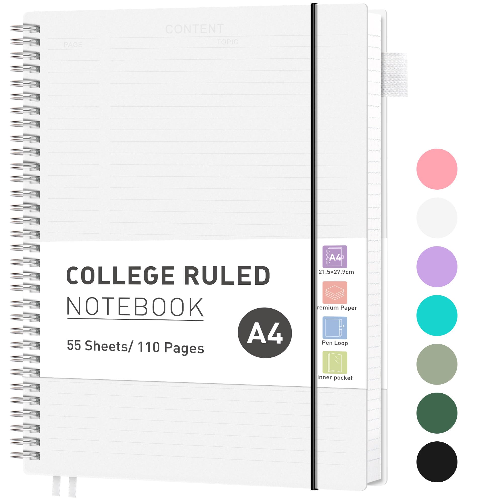 RETTACY A4 Notebook, Lined Wirebound Spiral Notebook College Ruled Paper 110 Pages for Writing, Journals for Women 100gsm, PVC Pocket, Pen Loop, Ruler, Bookmark, 21.5 x 27.9cm - Transparent
