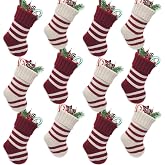 LimBridge Christmas Mini Stockings, 12 Pack 9 inches Knit Knitted Stripe Rustic Holiday Decorations, Goodie Bags for Family Friends, Cream Burgundy