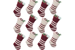 LimBridge Christmas Mini Stockings, 12 Pack 9 inches Knit Knitted Stripe Rustic Holiday Decorations, goodie Bags for Family Friends, Cream Burgundy