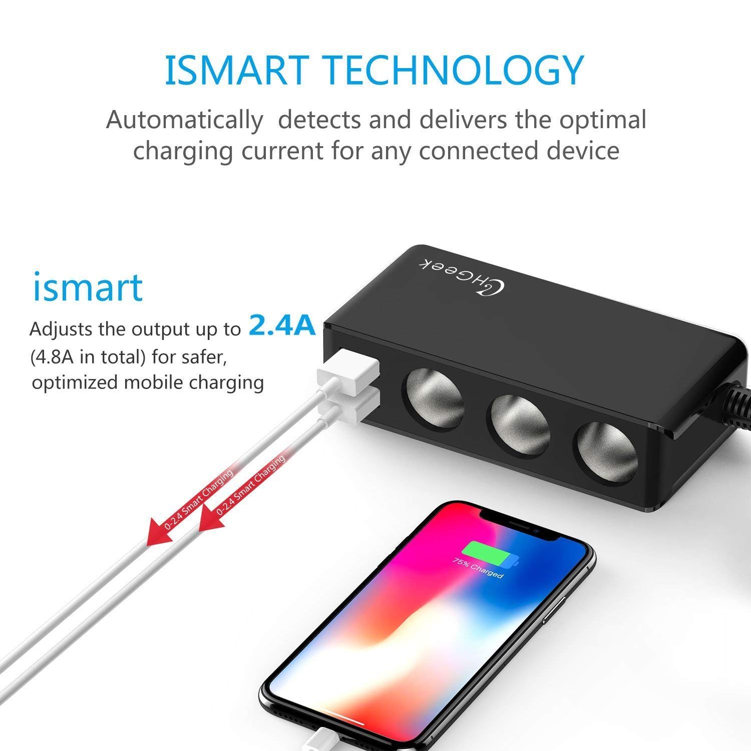 Tesla\'s 3-Socket Cigarette Lighter Car Charger, [Built in Temperature Smart Detection] 120W Car Power Adapter 12V/24V DC Outlet with 6.8A 4-Port Car Charger for GPS, Dash Cam, Radar Detector, Sat Nav; iPhone, Samsung, iPad, Kindle and Othe