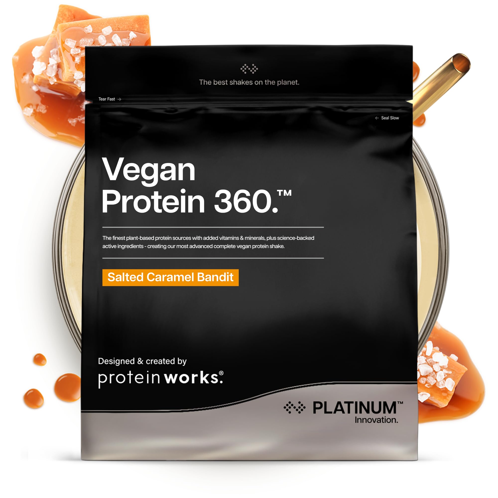 Protein Works | Vegan Protein 360 - Platinum Innovation, Premium Vegan Protein Powder, Plant-Based Protein Shake, Essential Vitamins & Minerals, Low Sugar, Salted Caramel Bandit, 28 Servings, 1kg