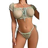 OYOANGLE Women's 2 Piece Lingerie Set Mesh Sheer Lettuce Trim Tie Front Bra and Thong Sets