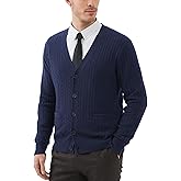 Kallspin Men's Cardigan Sweater Wool Blend Cable Knit V Neck Buttons Cardigan with Pockets