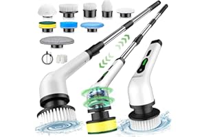 CACULE Electric Spin Scrubber, Cordless Cleaning Brush, Shower Cleaning Brush with 9 Brush Heads 2H Power Dual Speed, Adjustable Extension Handle, IPX7 Waterproof for Tub Tile Floor Car, White