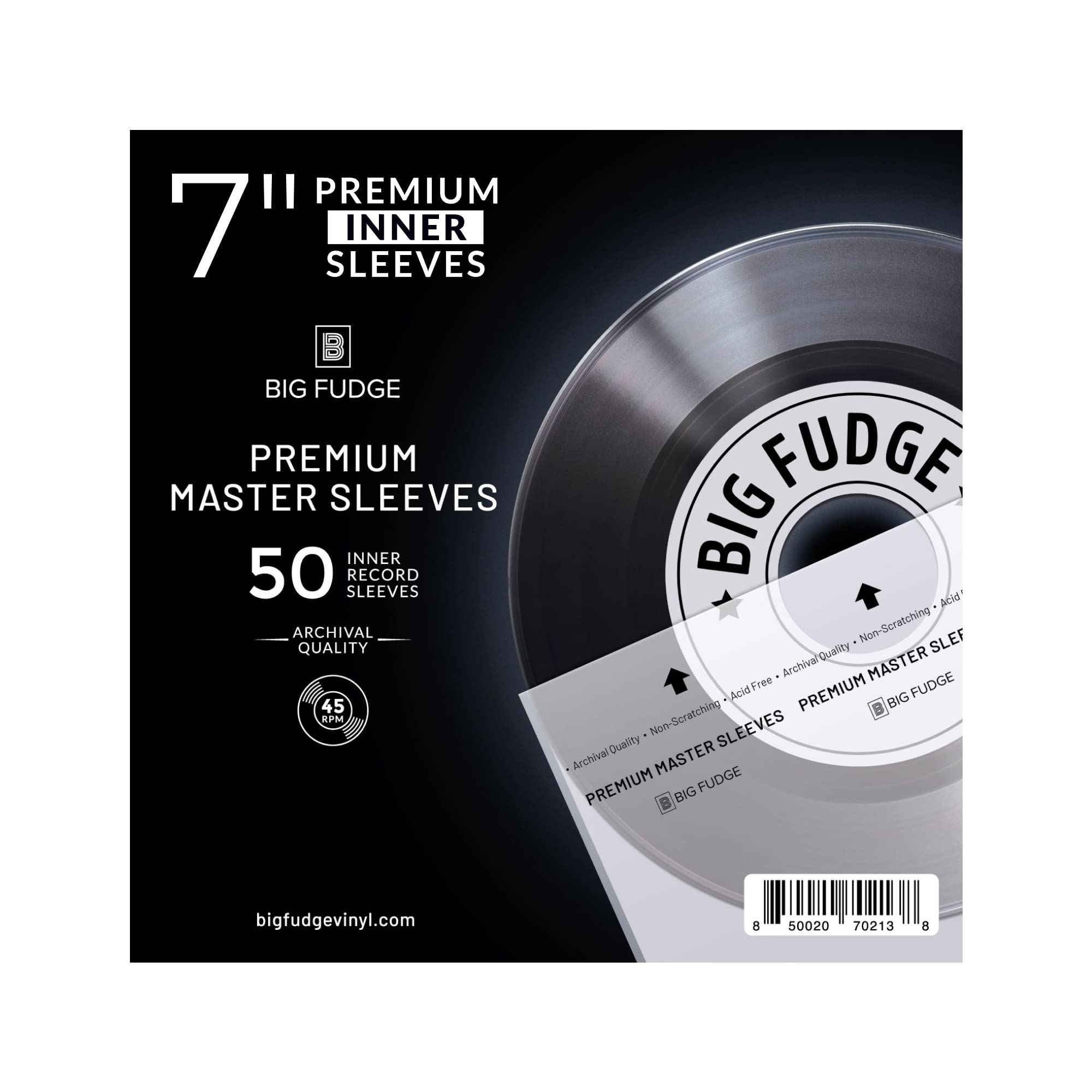 BIG FUDGE Premium Master Vinyl Record Sleeves - 7 inch x 50pcs - Archival Anti-Static Rice Paper Inner Sleeves - Clear 3 Layer LP Covers - Protective Plastic Cover for Records