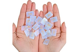Crocon Opalite Rune Stones Set with Elder Futhark Alphabet Engraved Symbol for Beginners Runes with Pouch & Rune Symbol brochure Size :- 20-25 mm App.