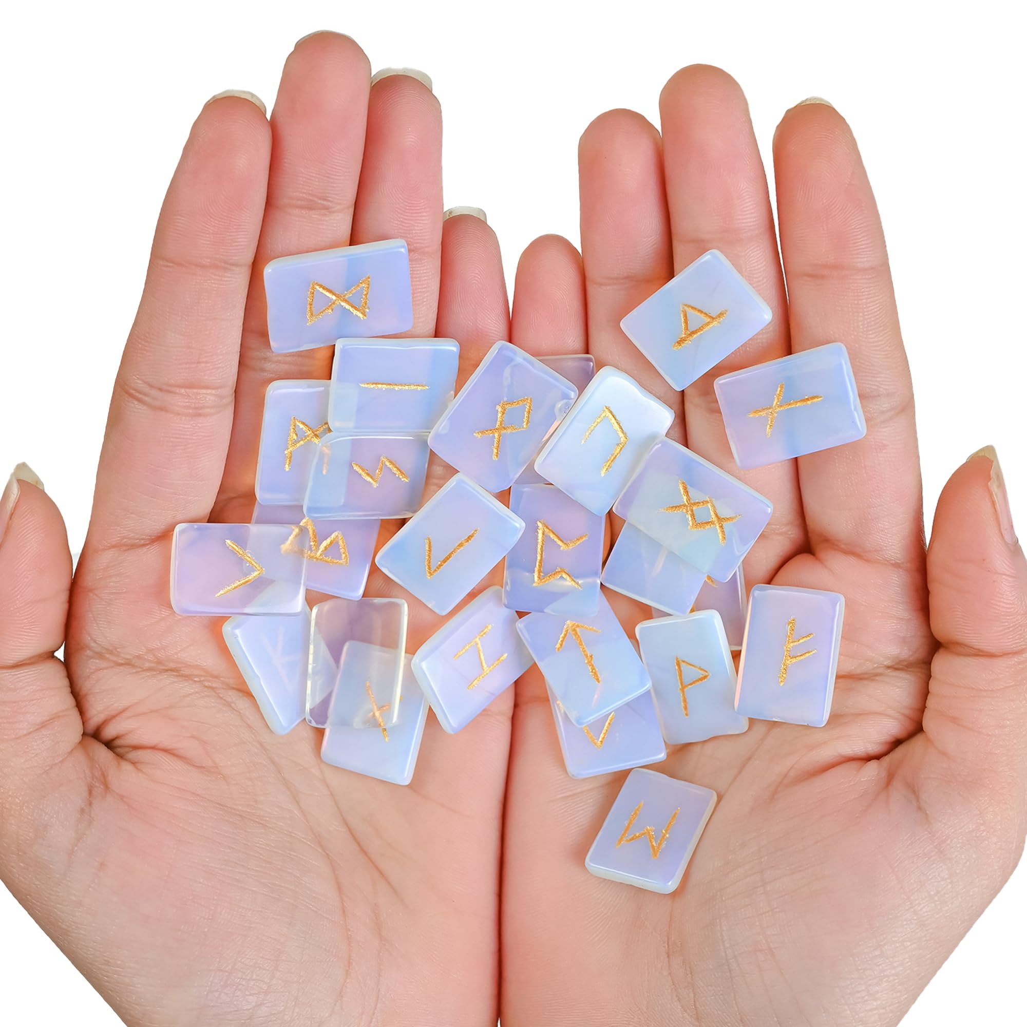 Croconยฎ Opalite Gemstone Rune Stones Set with Elder Futhark Alphabet Engraved Symbol for Chakra Balancing runes with pouch & rune symbol brochure Size :- 20-25 mm App. โ image 1