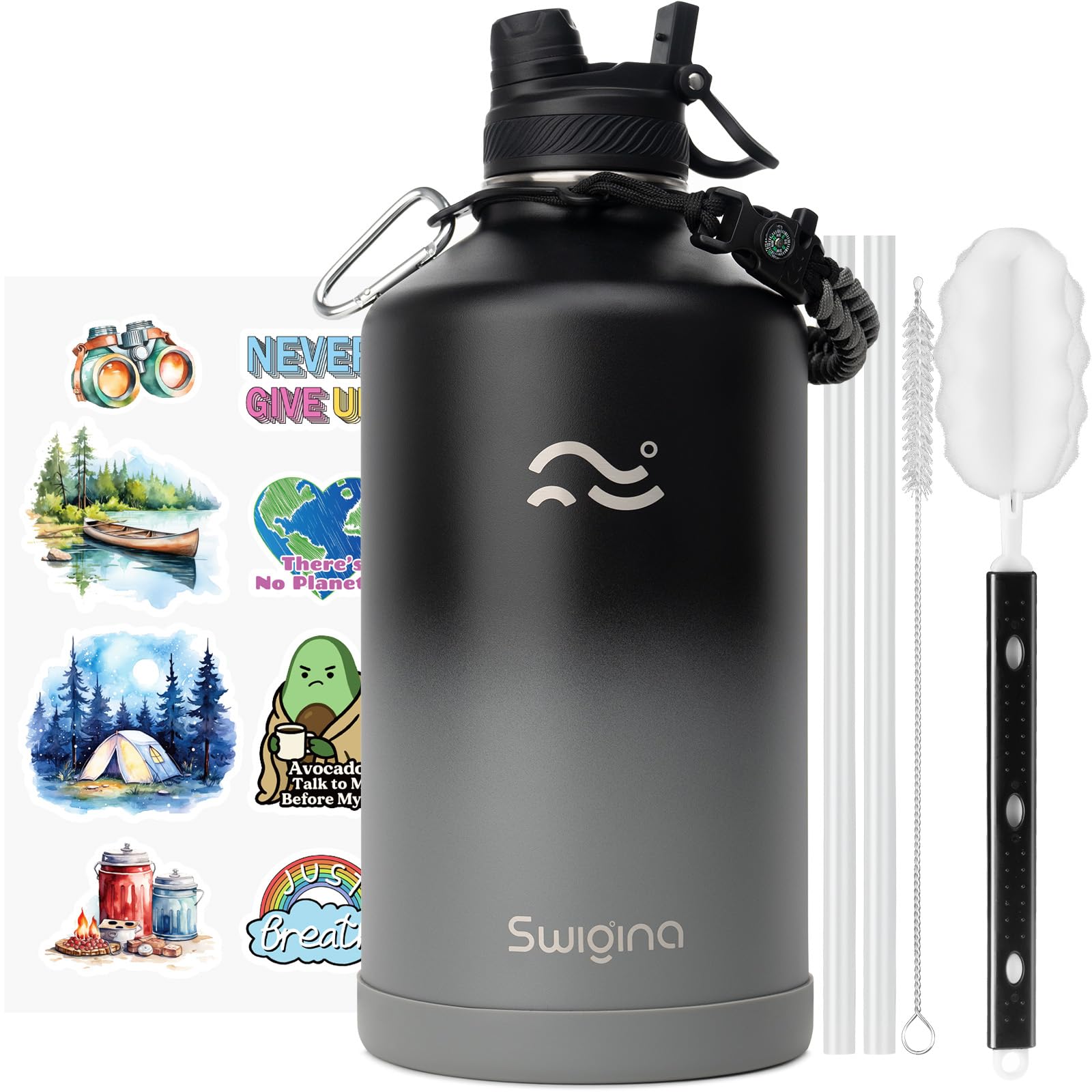 Swigina [2-IN-1 LID] Gallon Insulated Water Bottle with Silicone Boot (48hrs Cold/24hrs Hot) - DIY Stickers, Leakproof, BPA Free, 128 oz Image