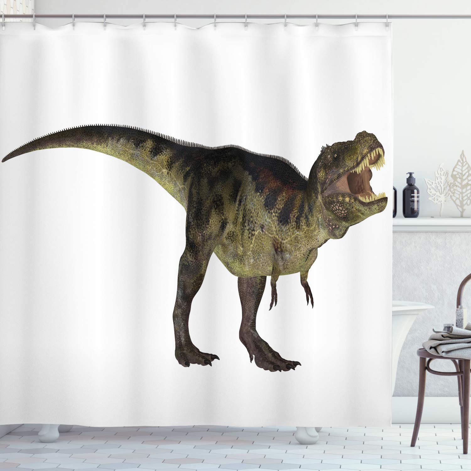 ABAKUHAUS Dinosaur Shower Curtain, Tyrannosaurus Dinosaur Illustration Prehistoric Nature Wildlife Reptilian, Cloth Fabric Bathroom Decor Set with Hooks, 78 Inches, Army Green Black