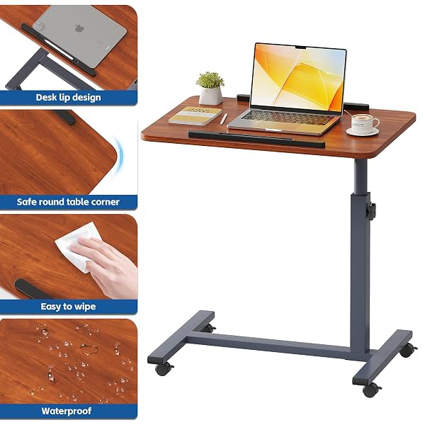 LAPTOP TABLE MOBILE ADJUSTABLE HEIGHT PORTABLE DESK NOTEBOOK SWIVEL PC COMPUTER ROLLING DESK WITH WHEELS, LAPTOP STAND FOR COUCH BEDSIDE HOSPITAL BED TABLE (DARK WALNUT)
