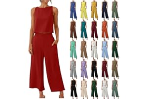 PVKARHG 2 Piece Sets for Women Summer Crop Tank Tops and Wide Leg Pants Linen Lounge Sets Two Piece Outfits Resort Wear 2024